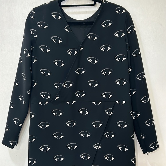 KENZO PARIS WOMENS MIDI DRESS EYE PATTERNS BLACK RED LONG SLEEVE Sz 40 - Picture 4 of 16